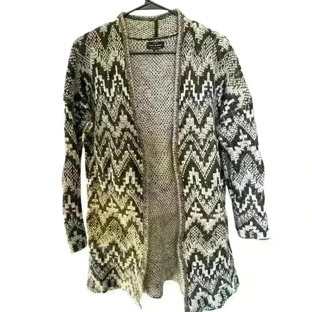 Lucky Brand Tribal‎ Print Long Cardigan Sweater Black Gray Size Medium